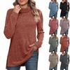 Women's Fashion Casual High Neck Bib Side Split Knit T-Shirt Solid Colour Top