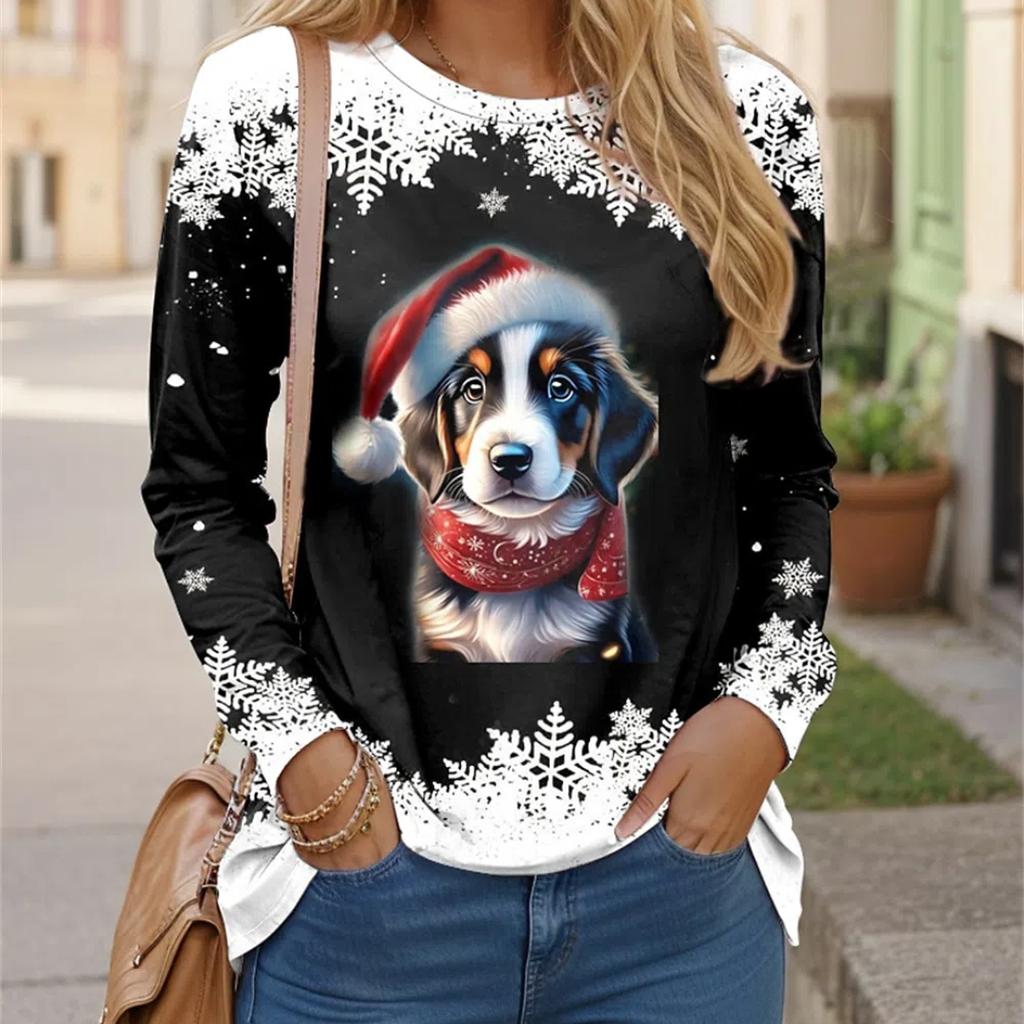 Ugly Christmas Shirt Women's T-shirt Black and White Cat 3D Printed Long Sleeve Weekend Festival Funny Round Neck Top