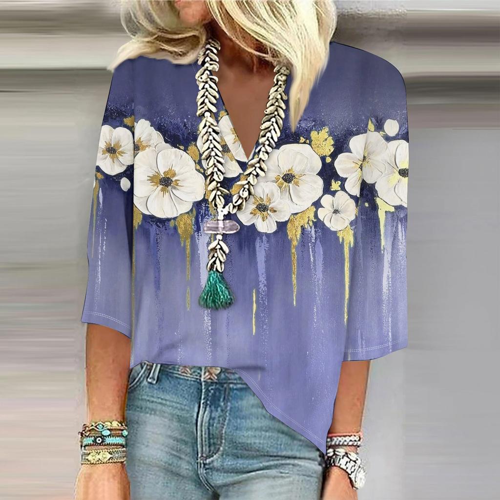 Женская рубашка-блузка повседневные свободные рубашки с рукавом 3/4 и принтом с V-образным вырезом Топы Футболки Футболка