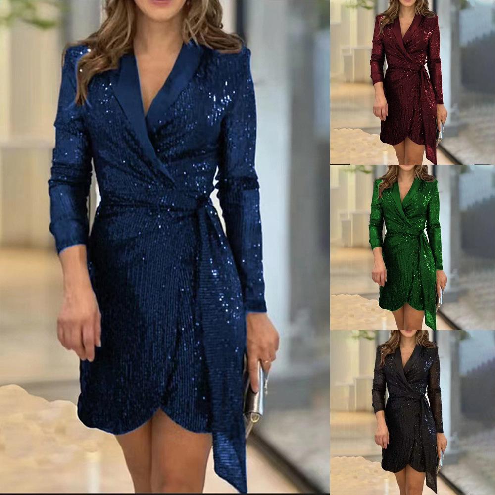 1011 new European and American women's fashionable and sexy waist multi-color sequined suit collar lace-up dress