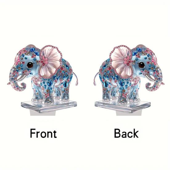 2D Flat Acrylic Elephant Ornament Pink Ears Blue Rhinestone Elephant