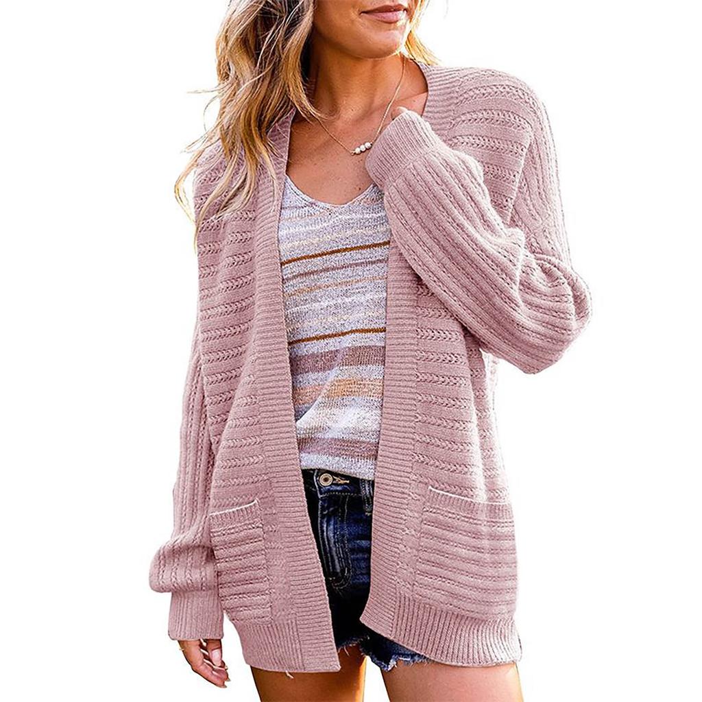 Women's Cardigan Solid Color Knit Sweater Cutout Knit Sweater Jacket With Pockets