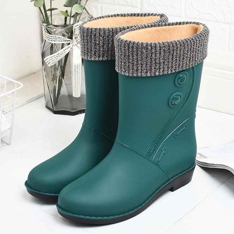 Fashion 2024Fashion Plush Rain Shoes for Women Warm High Tube Rainboots Winter Solid Color Low-heel Non-slip PVC Rubber Shoes