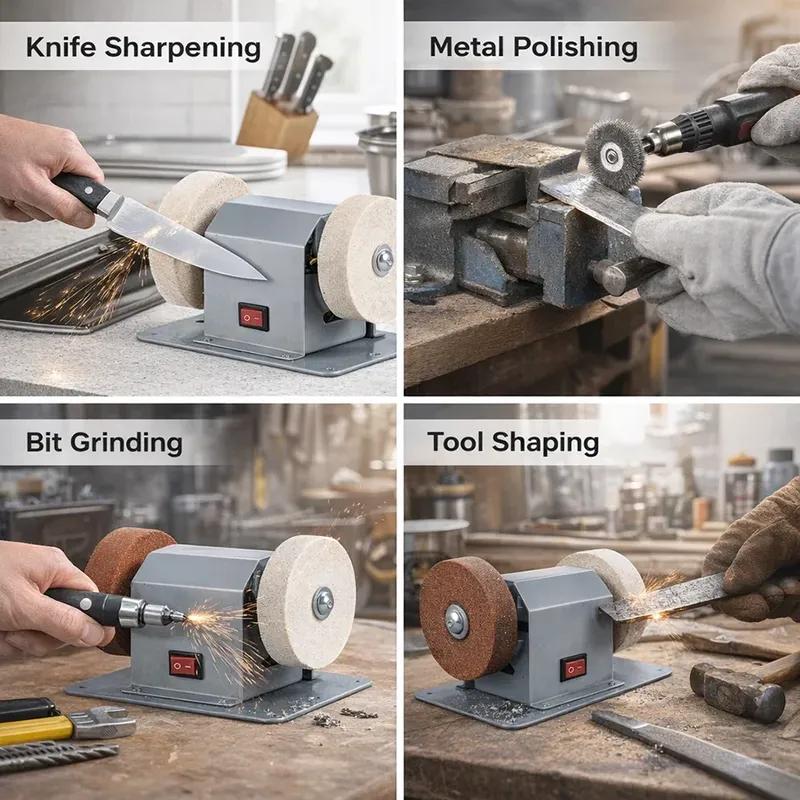 Mini Electric Bench Grinder Sharpener, Stainless Steel Body, Coarse & Fine Wheel, Multi-Function Tool Grinding Machine