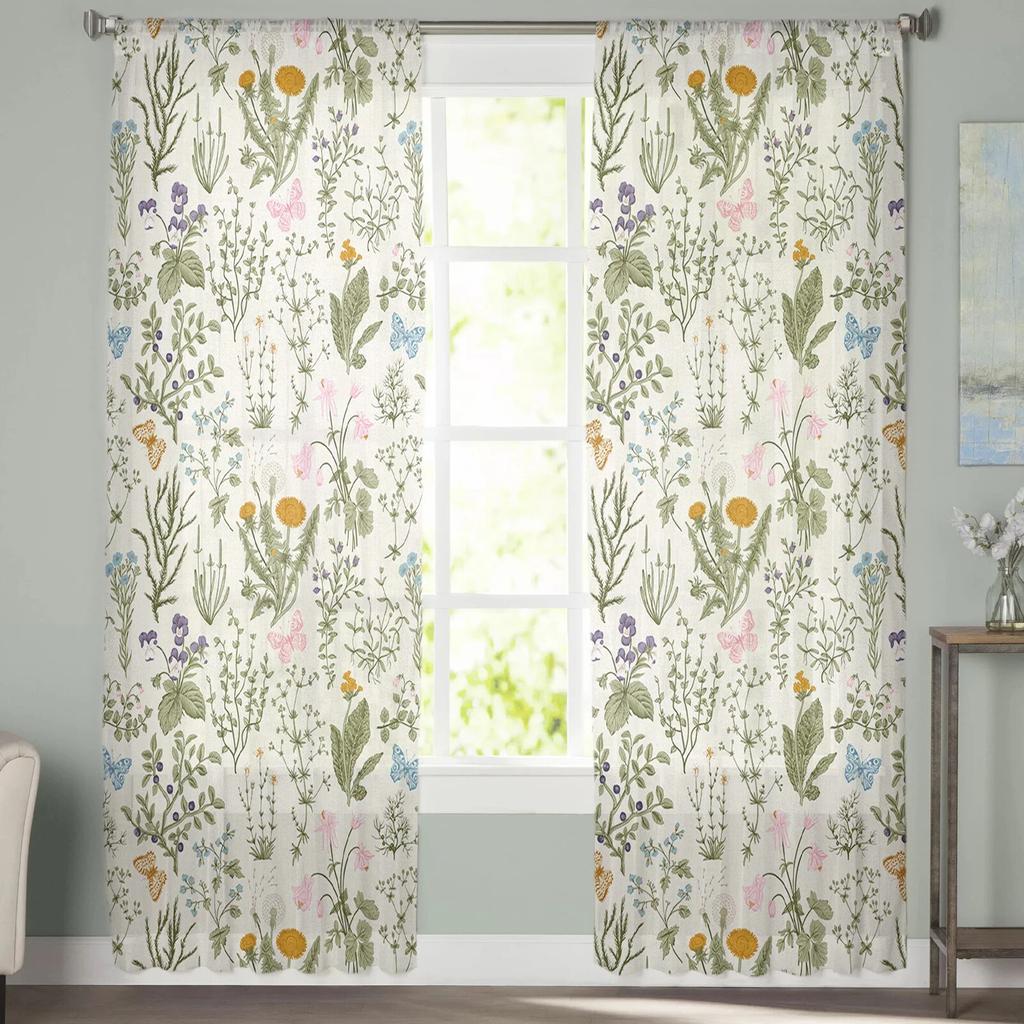 Vintage Herbaceous Floral Texture Sheer Curtains for Living Room Bedroom Kids Room Tulle Window Treatment Drapes