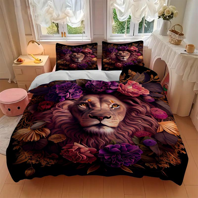 3Pcs Lion Amidst Floral Splendor Bedding Set Soft Fabric Duvet Cover Pillowcases Home Christmas Xmas Halloween Gift 1 Duvet Cover 2 Pillowcase G1130