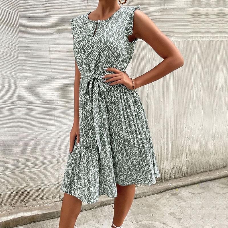 YYFS Women's Fashion Summer Spring Floral Print Sleeveless O-Neck High Waist Casual Dresses