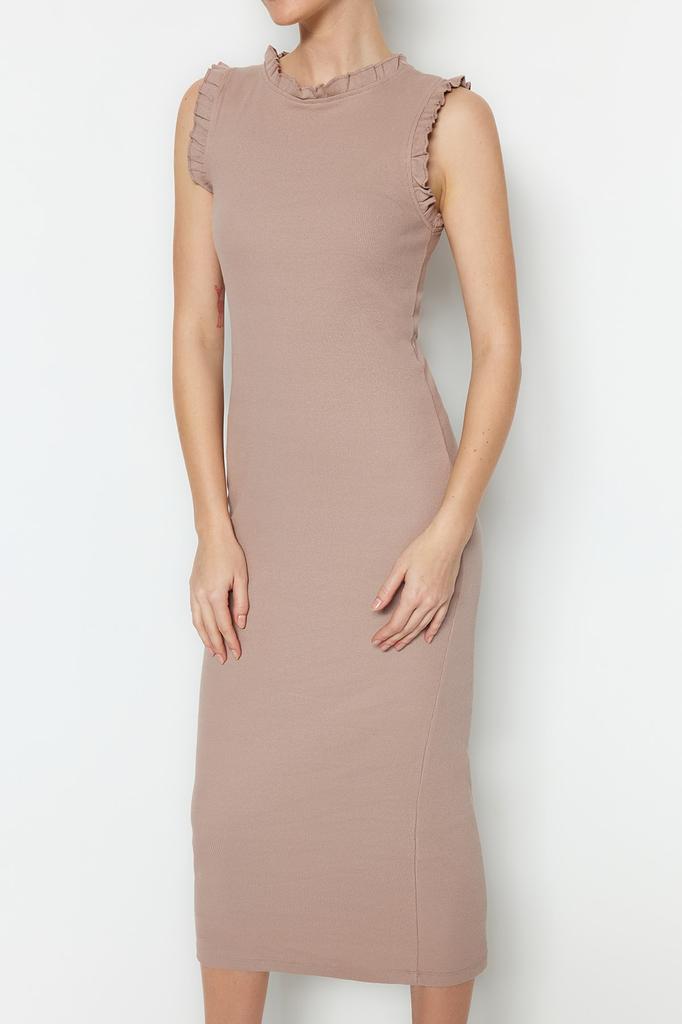 Women's Style Dress Mink Ruffle Detailed Ribbed Bodycone Fitted Midi Smart Flexible Knitted Pencil Dress