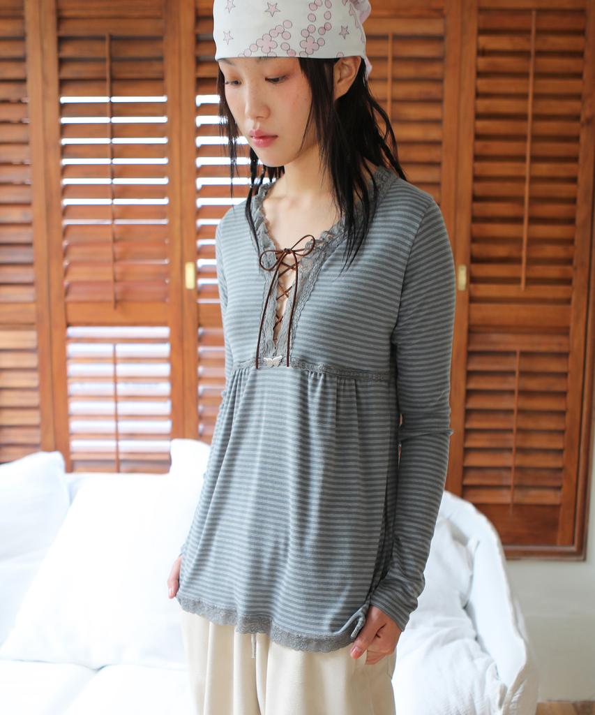NOFFICIALNOFFICE Lace Trim Lace-Up Top Blue Grey