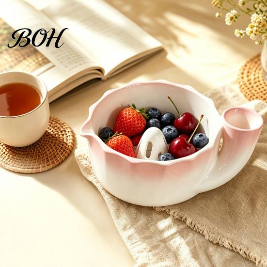 Ceramic Fruit Bowl for Kitchen Berry Washing with Drainage Holes, Self Rinsing Swirl Wide Mouth Lace Edge Colander, Large Capacity Colander