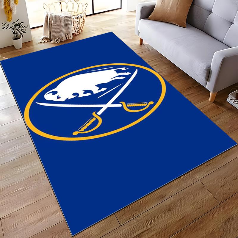 Buffalo logo with crossed swords, blue design. Non-slip rug suitable for living room and bedroom sofas.
