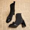 Autumn Women Knit Ankle Boots Metal Decoration Slimming Short Booties Autumn Winter Female Thick Heel Shoes