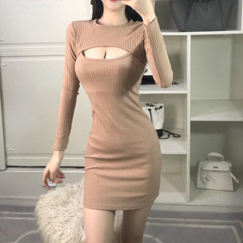 Сексуальное облегающее платье с вырезом, женское модное корейское стильное мини-платье Kpop для вечеринок и клубов, ночное платье с длинными рукавами
