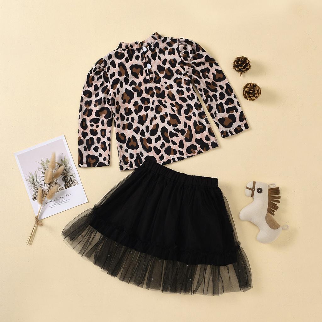 Toddler Kids Baby Girls Leopard Print T Shirt Bow Tulle Skirt Outfits Set