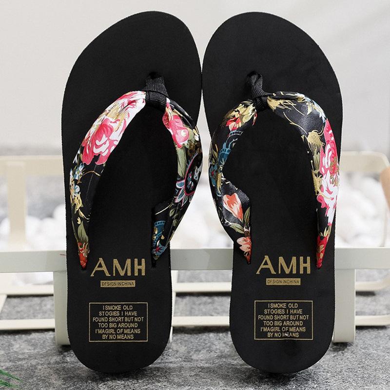 Summer Flip-flops Women's Bohemian Satin Strap Casual Lame Heel Beach Women's Slippers Ethnic Style Slippers