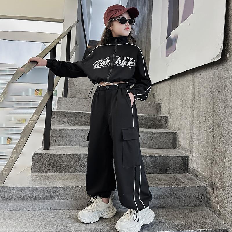 Детский костюм весна-осень, свободный крой, укороченная куртка в корейском стиле, комплект из 2 предметов для девочек