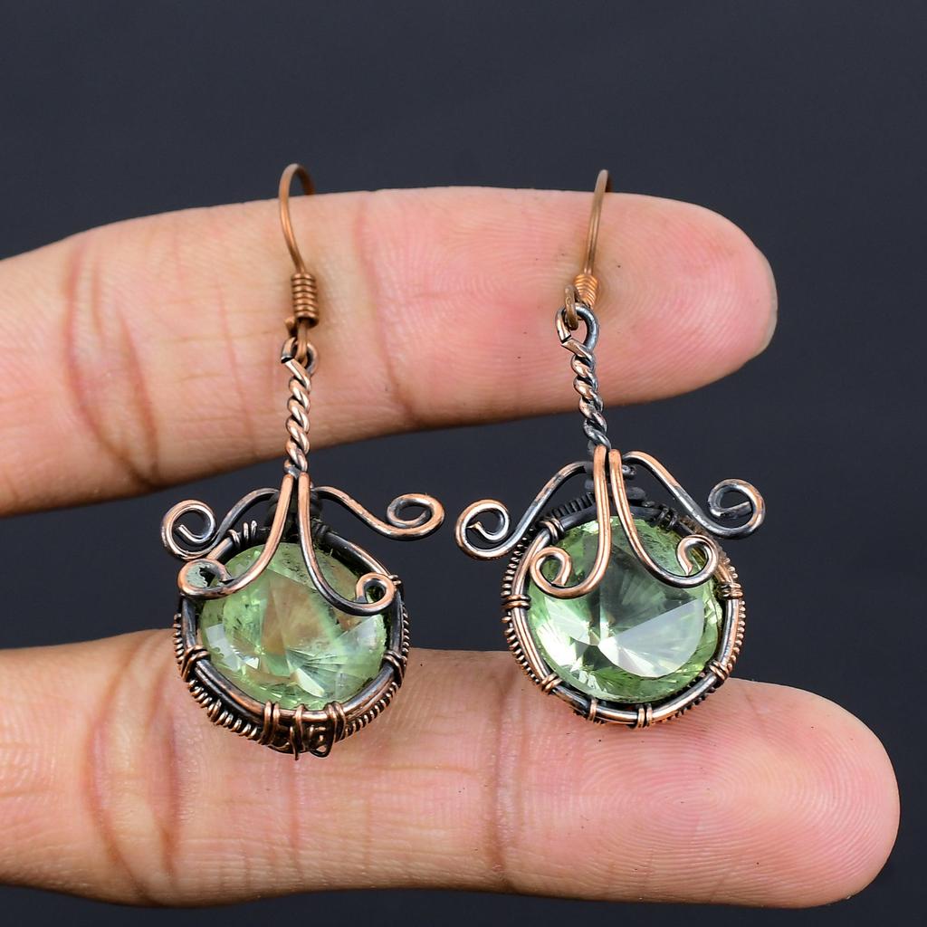 Серьги с зеленым аметистом, Серьги, обернутые медной проволокой 999 пробы, Винтажные украшения ручной работы, Подарок на День матери
