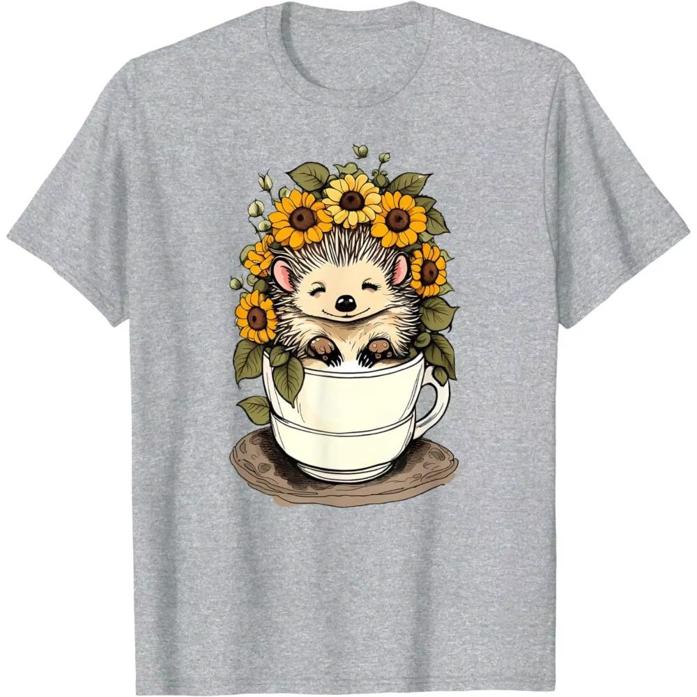 Cute Sunflower Garden Hedgehog In A Teacup T-Shirt for Men Women Teens All Season Graphic T Shirts