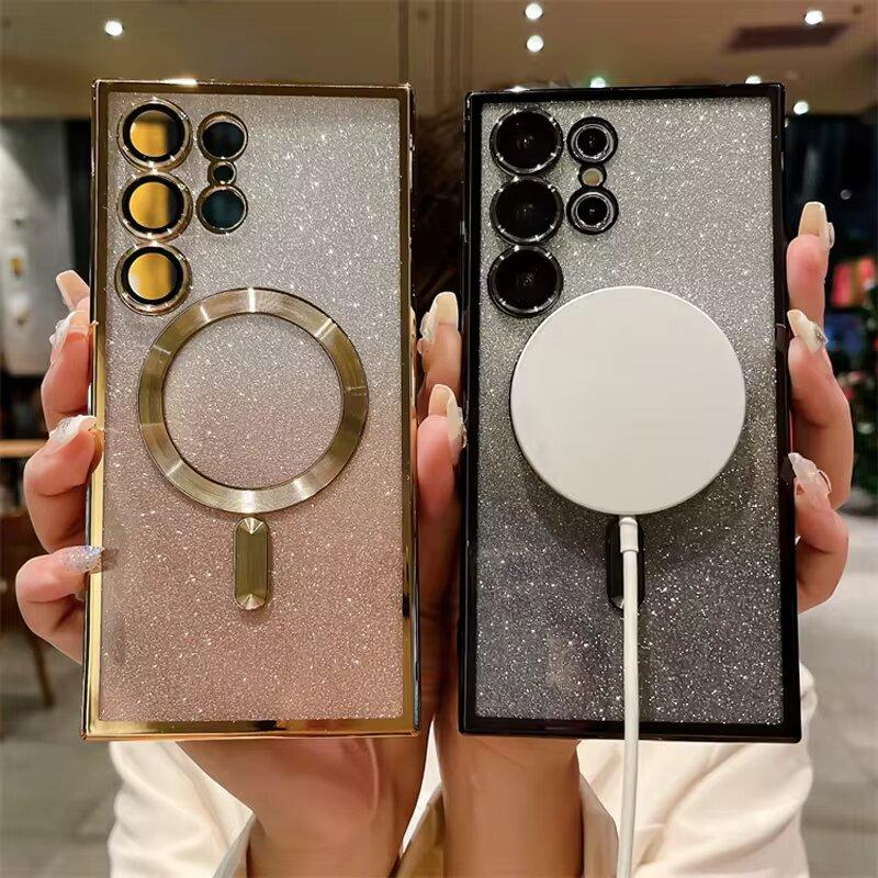Роскошное покрытие с блестками для магнитного чехла Magsafe для телефона Samsung Galaxy S25 S24 S23 S22 S21 Ultra, мягкий чехол с беспроводной зарядкой