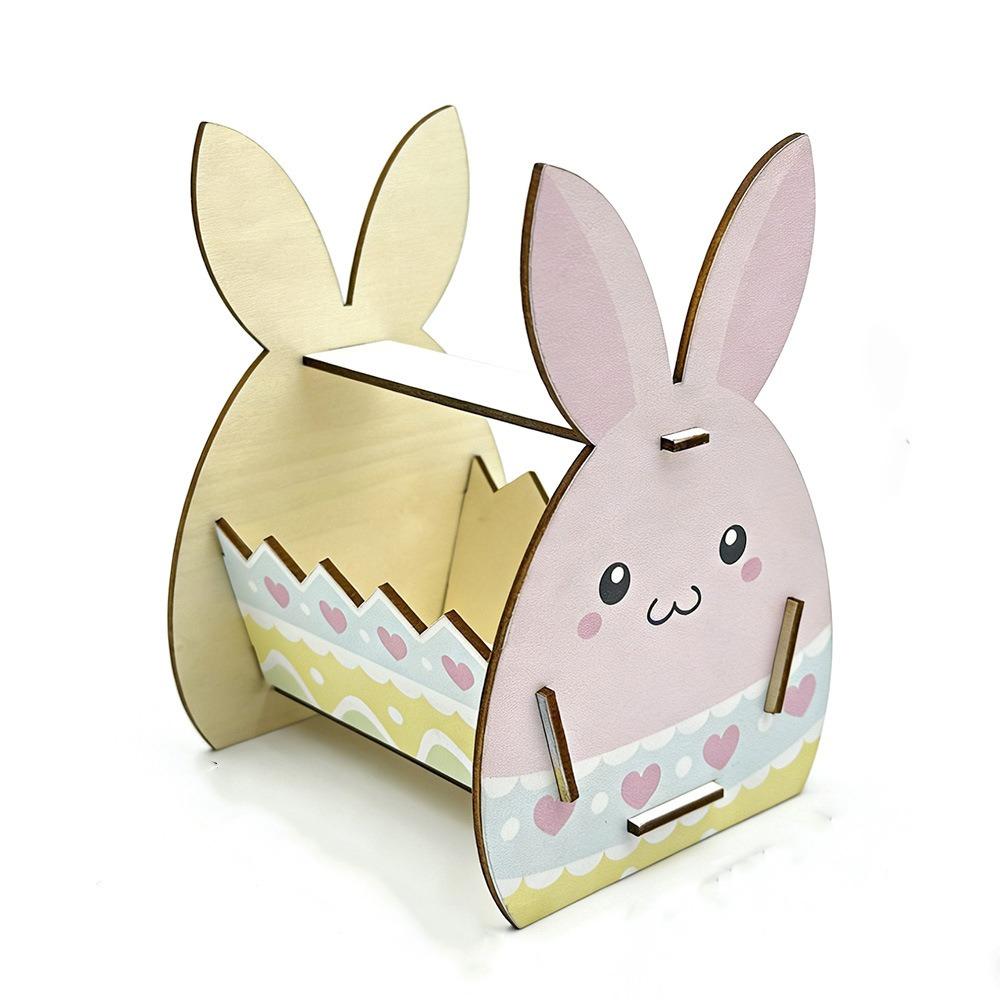 Wooden Easter Bunny Basket Semi-Open Frame DIY Paint Candy Storage Basket Handmade Crafts Happy Easter Bunny Decor Box