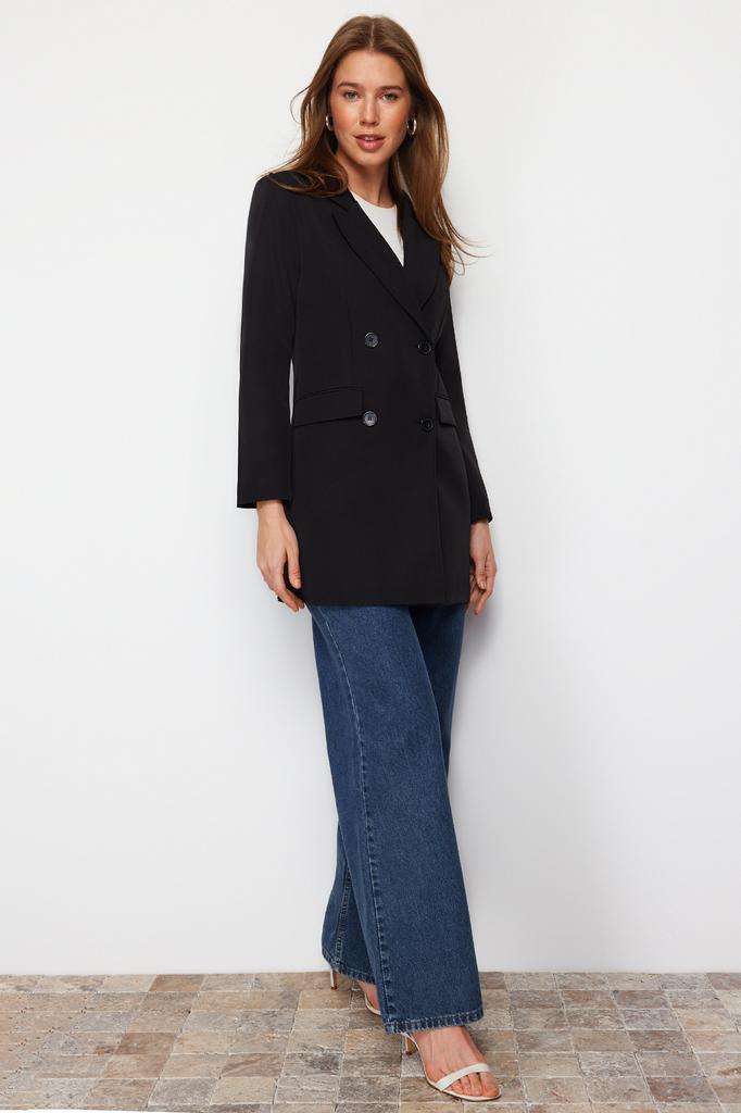 Women's Fashion New Hijab Jacket Black Double Button Pocket Detailed Lined Blazer Woven Jacket