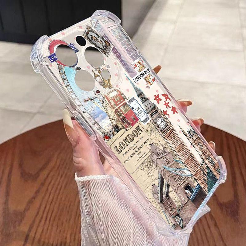 London-Themed Vintage Collage Trendy Pattern Clear Phone Case For iPhone 17 16 Pro Max 15 14 13 12 11 7 8 Plus 16E XS X XR Cover