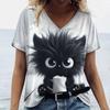 Cute Kitten Women's T-Shirts V-Neck Short Sleeve Harajuku Tshirts Summer Woman Fashions Tops Loose Casual Clothing Kawaii
