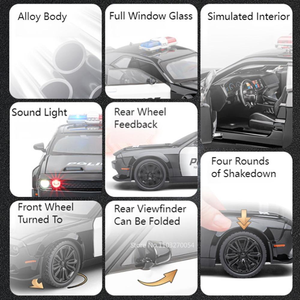 LYZRC 2024 New Scale 1:22 Hell Cat Challenger SRT Police Car Model Toys Alloy Diecast 4 Doors Opened Sound Light Pull Back Vehicle Gift for Kid