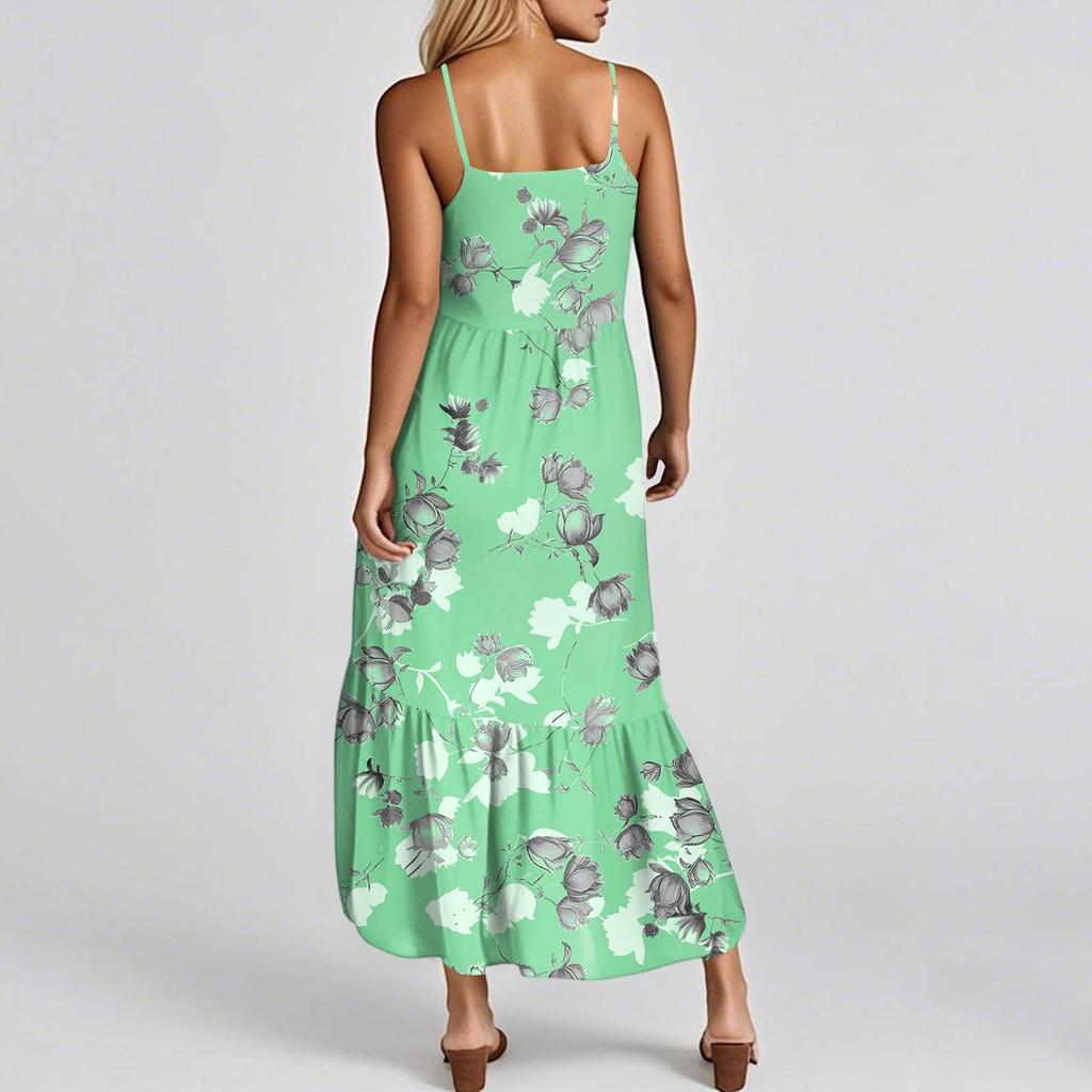 Women's Summer Spaghetti Strap Patchwork Beach Vacation Floral With Pocket Dresses