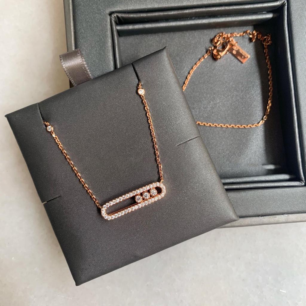 European-Style Gold-Plated S925 Silver Diamond Paperclip Necklace with Three Movable Beads