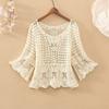 Lady Spring Summer 2022 Fashion New Loose Five-point Sleeve Short Round Neck Solid Color Plaid Casual Female Hollow Out Lace Top