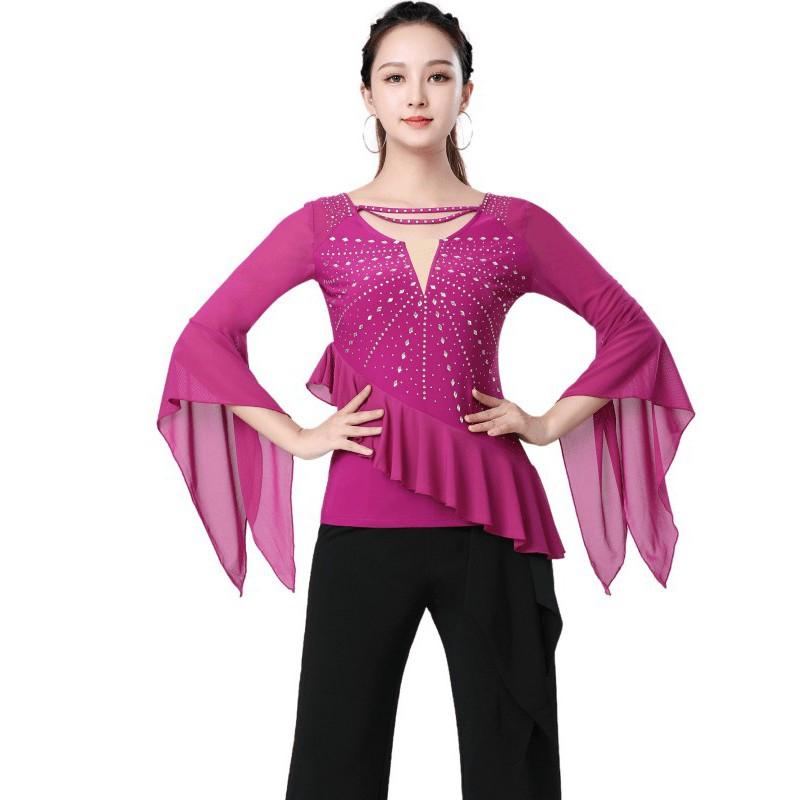 Womens V-Neck Flared Sleeve Rhinestone Dance Top Latin Square Stage Performance