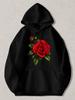Black Pullover Hoodie with Red Rose Floral Print Long Sleeve Sweatshirt with Kangaroo Pocket and Drawstring Hood Casual Streetwear