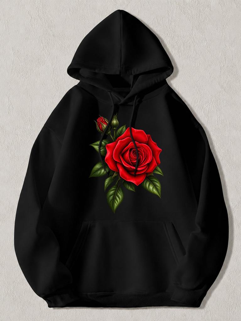 Black Pullover Hoodie with Red Rose Floral Print Long Sleeve Sweatshirt with Kangaroo Pocket and Drawstring Hood Casual Streetwear