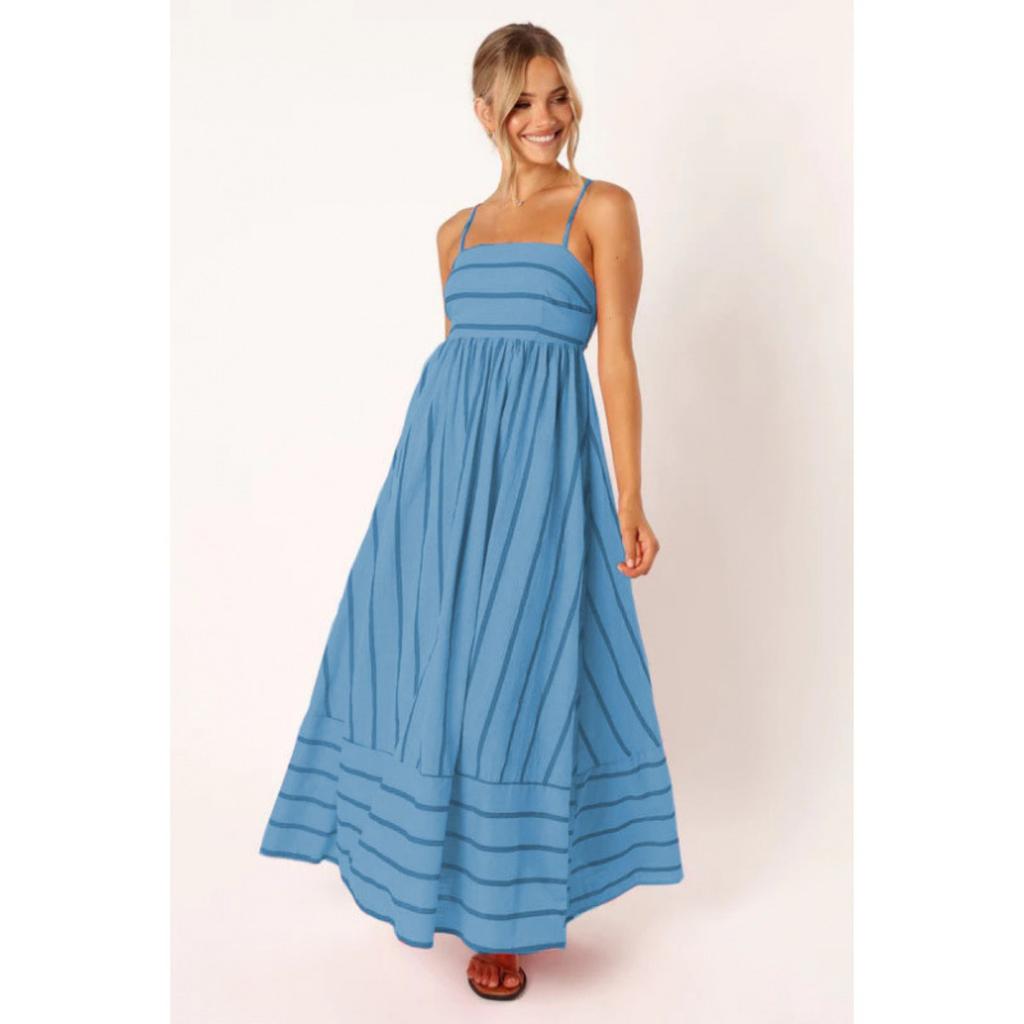 Women's Spaghetti Strap Sleeveless Loose Fit Striped Maxi Dress Summer Backless