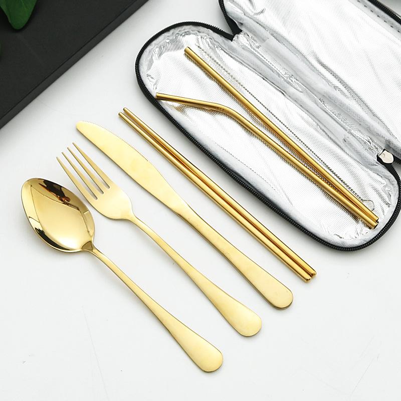 8Pcs Tableware Set Stainless Steel Spoon Fork Chopsticks Straw Cleaning Brush with Storage Case for Eco Friendly Outdoor Lunch