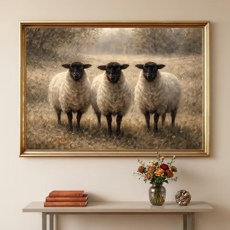 Unframed Vintage Blackface Sheep Canvas Poster Perfect for Farmhouse-Themed Wall Art. Ideal for Decorating Apartments, Living Room