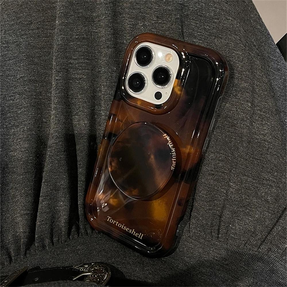 Роскошный чехол-держатель из янтарной черепаховой расцветки для iphone 16 Pro 15 14 11 12 13 Pro Max INS Корейская девушка Мягкий чехол Новый Стильный Ракушка