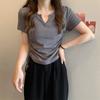 Сексуальная футболка с v-образным вырезом и шнурком, женская однотонная футболка с коротким рукавом, повседневные топы на бретелях с рюшами, модный укороченный топ, женская летняя уличная одежда