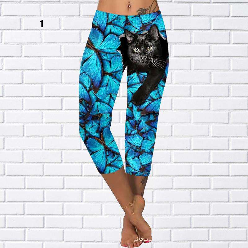 Брюки Летние желтые короткие леггинсы с бабочкой Укороченные узкие брюки Леггинсы больших размеров Женские брюки с маленькой черной кошкой Укороченные брюки для женщин 2022