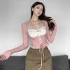Розовый топ с длинными рукавами Y2k, женский сексуальный кружевной лоскутный бандаж с квадратным воротником, тонкая футболка, эстетический укороченный топ для кокетк...