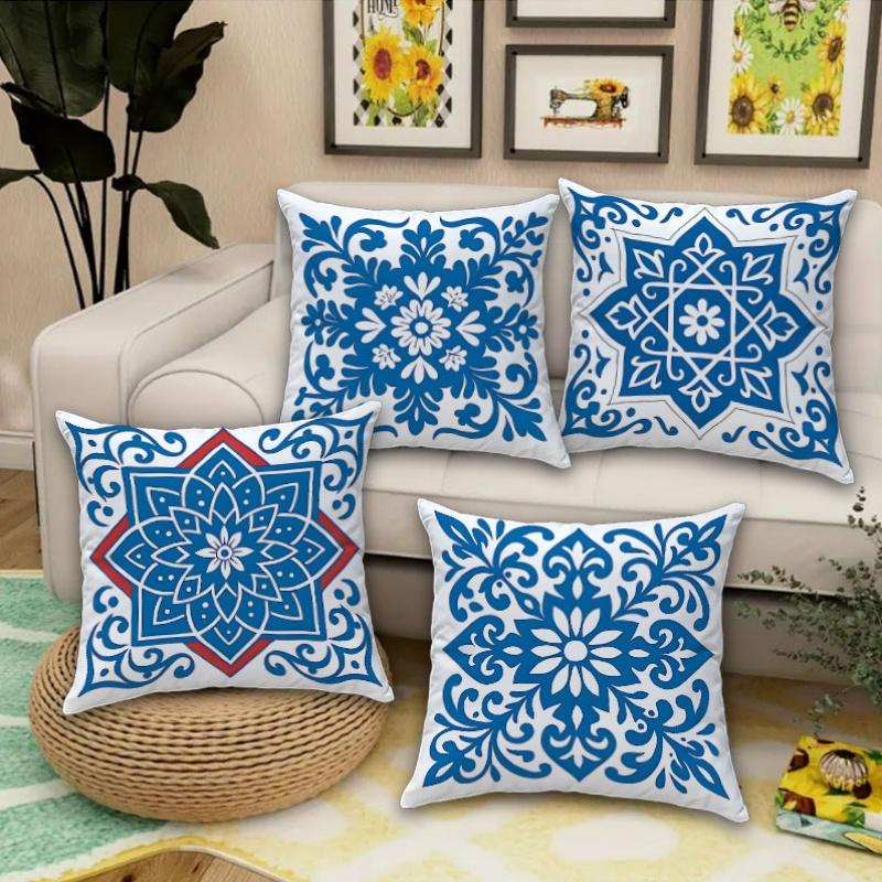 Blue White Floral Tile Pillow Covers, Moroccan Damask Decorative Throw Pillow Cases, Boho Home Decor For Sofa Bed, No Insert