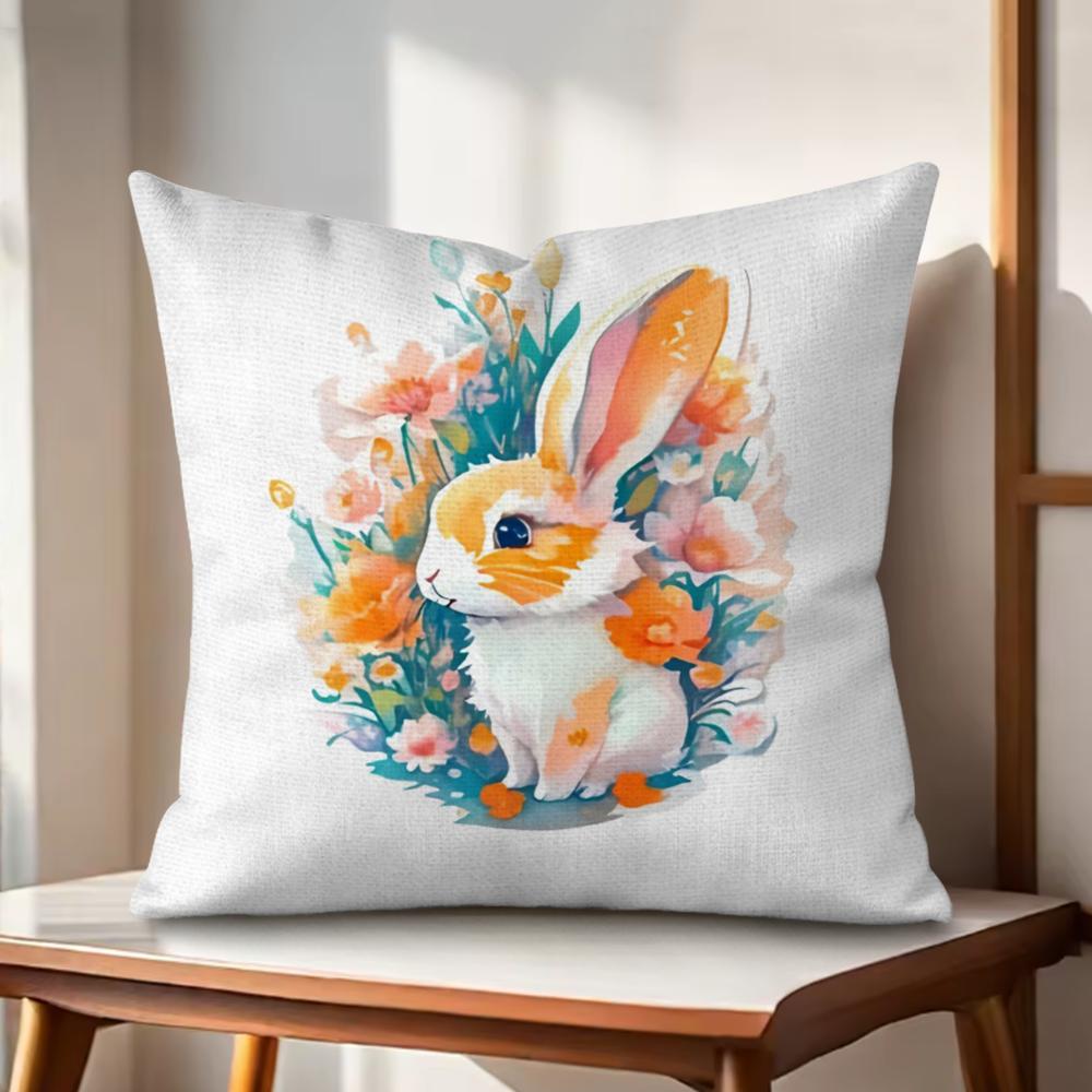 Cute Easter Bunny Cushion Cover Natural Linen Organic Fabric DoubleSided Printing Couch Pillow Covers Home Decor