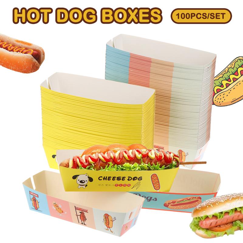 100 шт. Коробка для упаковки хот-догов без складывания Бумажная Одноразовая Посуда для вечеринок Поднос для подачи еды Для кейтеринга Упаковочные коробки