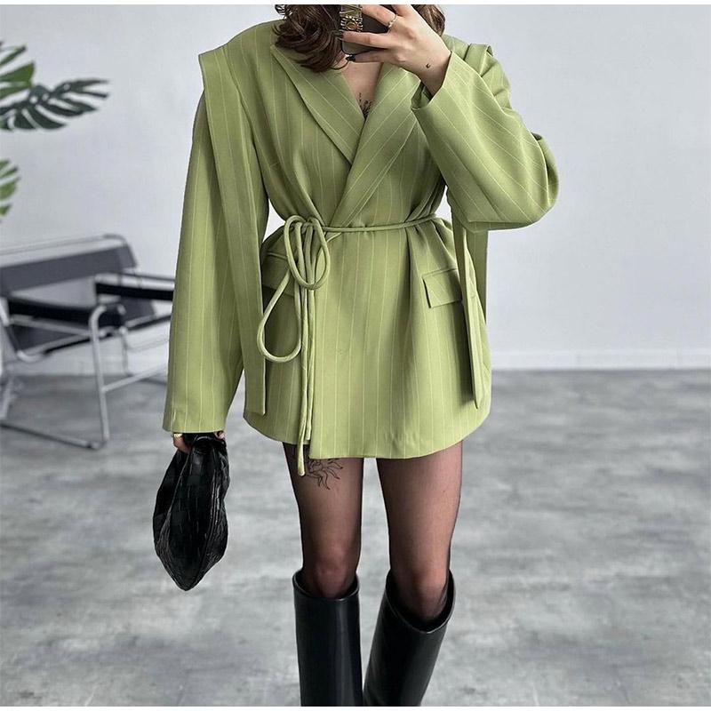 Модный полосатый пиджак с лацканами для женщин, элегантный свободный пиджак с поясом, женская весенняя универсальная шикарная уличная одежда