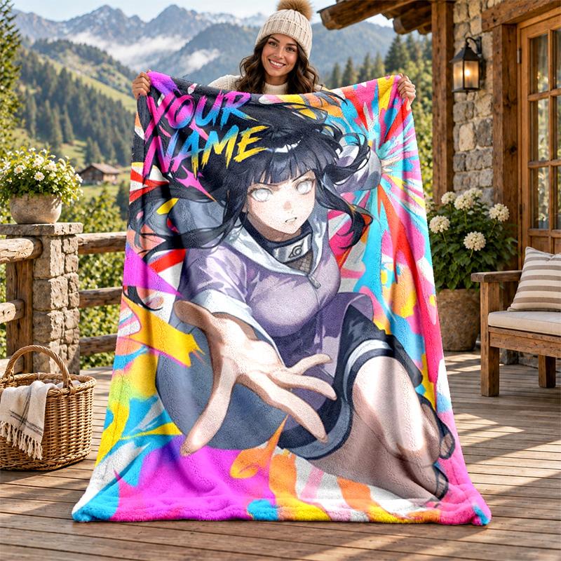 Hyuga Hinata Custom Name Flannel Blanket Personalized Soft Warm Plush Throw Blanket Customized Gift for Family Friends