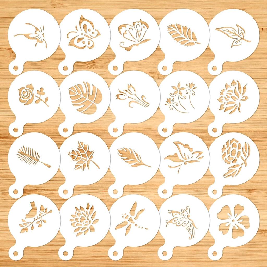 Konsait 20 Pack Cake Stencil Templates Decoration, Reble Cake Cookies Baking Painting Journal Mold Tools, Dessert, Coffee Decorating Leaves Butterfly