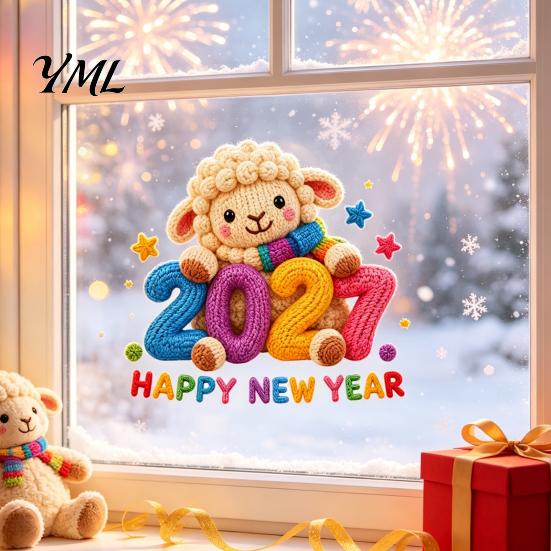 Static Glass Window Clings Chinese New Year Stickers, 2027 Goat Clings, Reusable Decorative Decals Crochet Knit Lamb Decor for Home Shop Seasonal