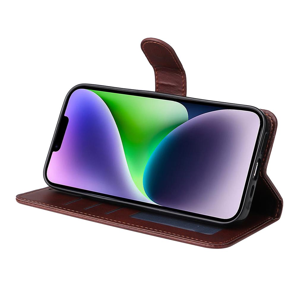 For iPhone 15 Plus PU Leather Wallet Case Phone Stand Cover with Tempered Glass