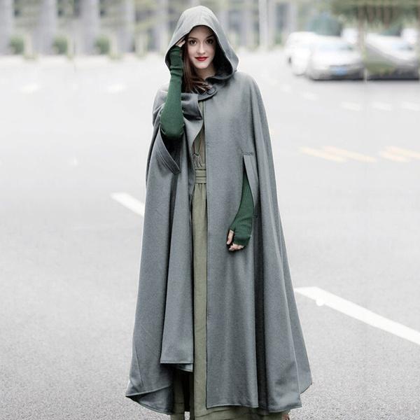 Autumn Winter Gothic Trendy Maxi Hooded Wool Cloak Cardigan Coat Maxi Cashmere Hoodie Long Cape Costume Cosplay Outerwear